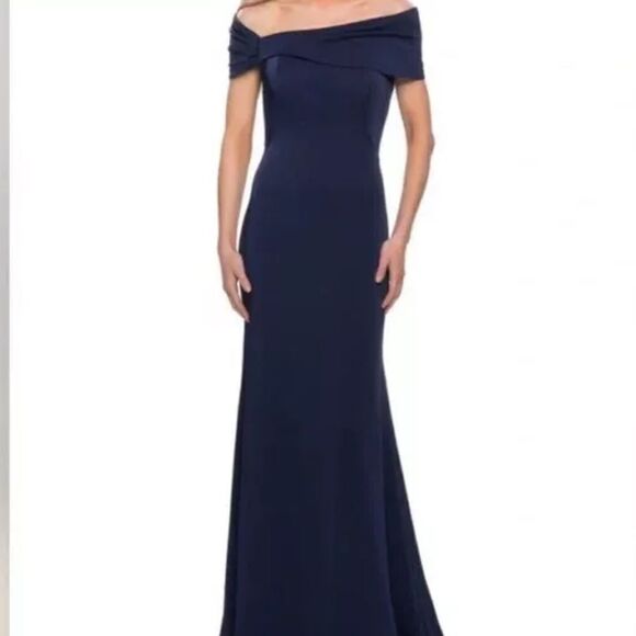 LA FEMME 29537 OFF THE SHOULDER NAVY TRUMPET GOWN SIZE 8 NWT $418 - Picture 5 of 7